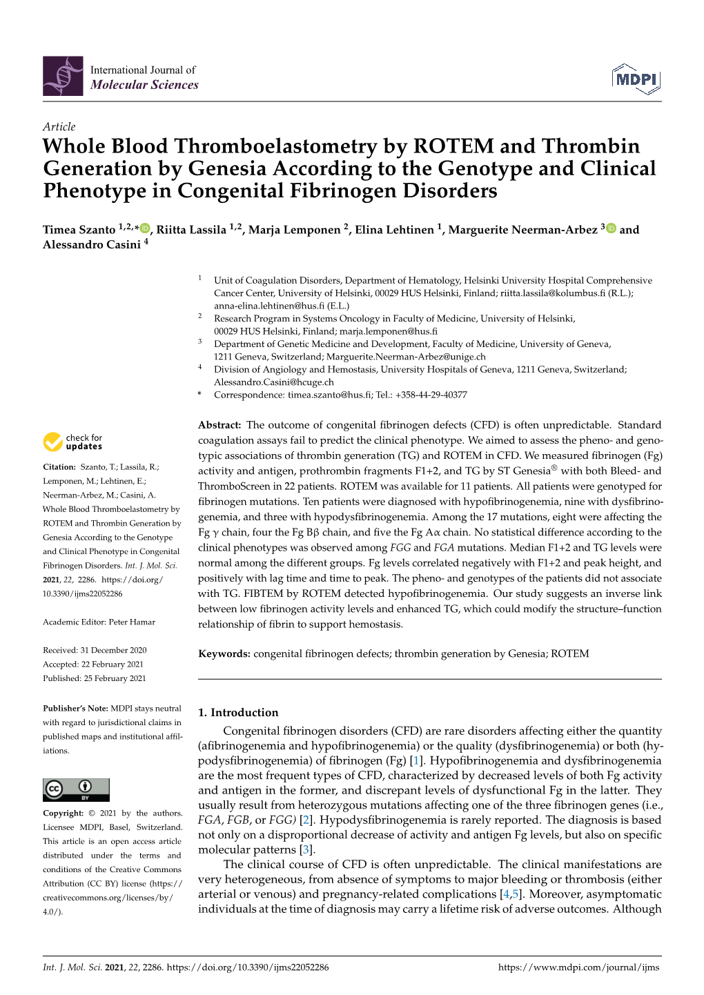 Whole Blood Thromboelastometry by ROTEM and Thrombin Generation by Genesia According to the Genotype and Clinical Phenotype in Congenital Fibrinogen Disorders