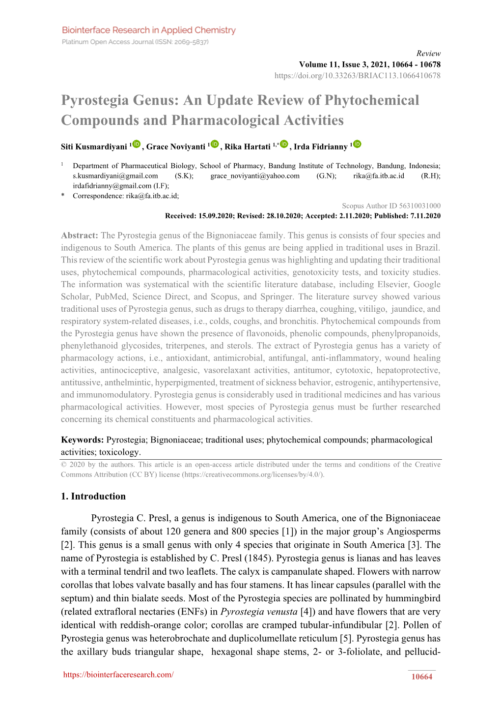 Pyrostegia Genus: an Update Review of Phytochemical Compounds and Pharmacological Activities