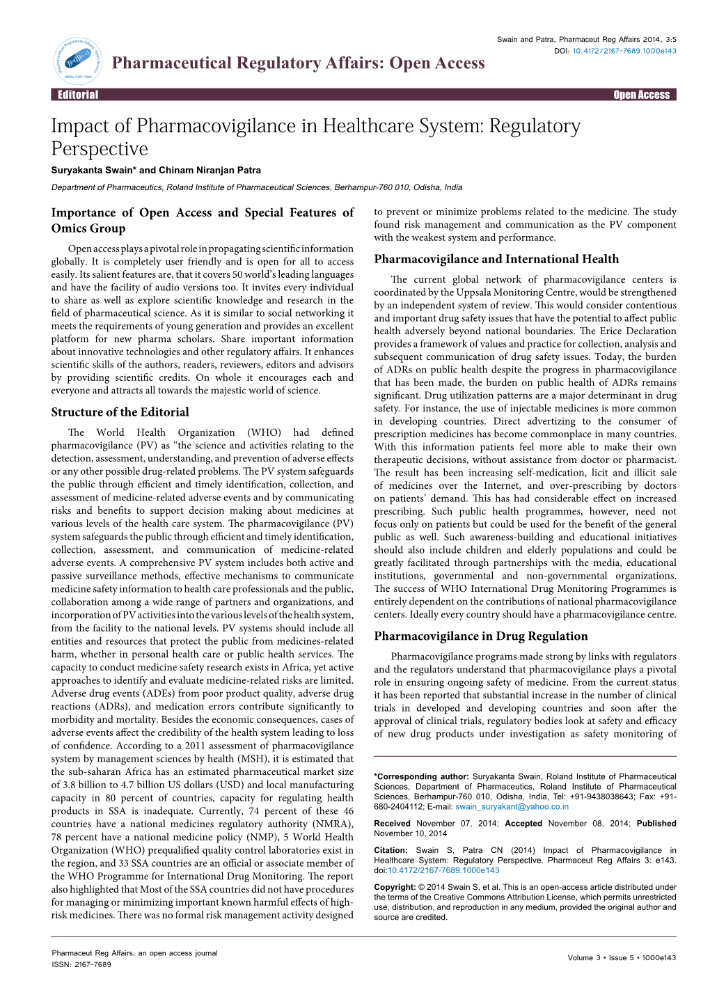 Impact of Pharmacovigilance in Healthcare System: Regulatory