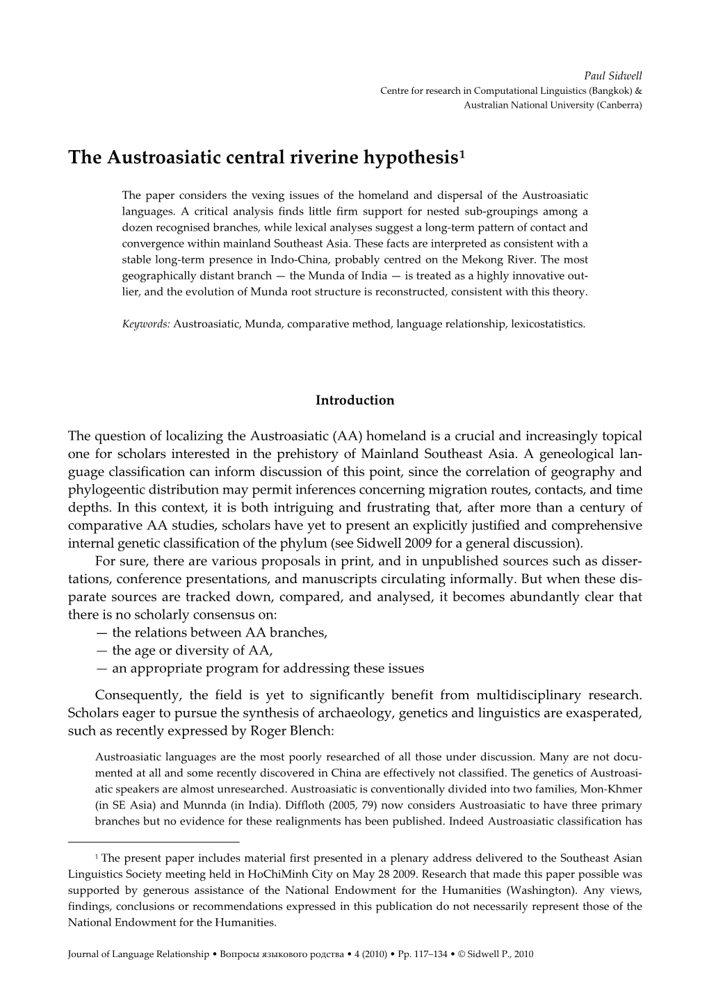 The Austroasiatic Central Riverine Hypothesis