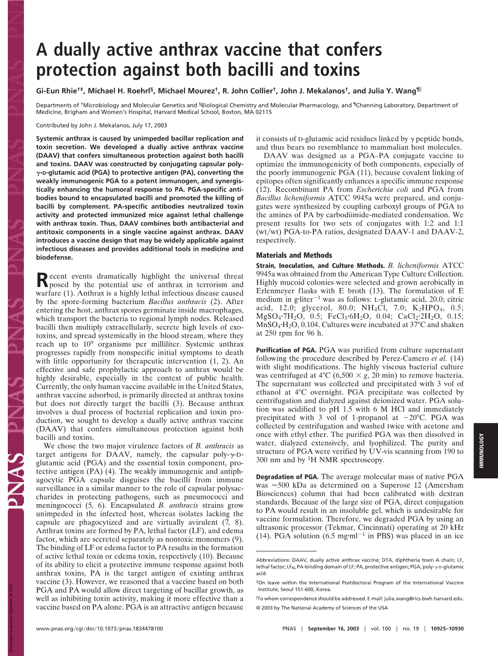 A Dually Active Anthrax Vaccine That Confers Protection Against Both Bacilli and Toxins