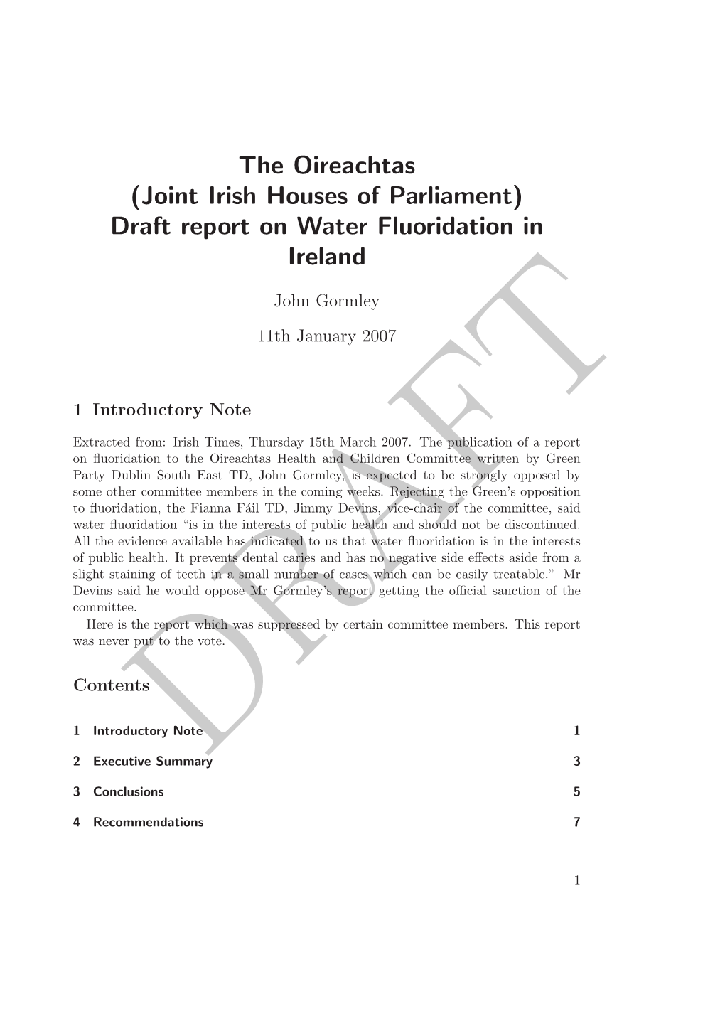 The Oireachtas (Joint Irish Houses of Parliament) Draft Report on Water Fluoridation in Ireland