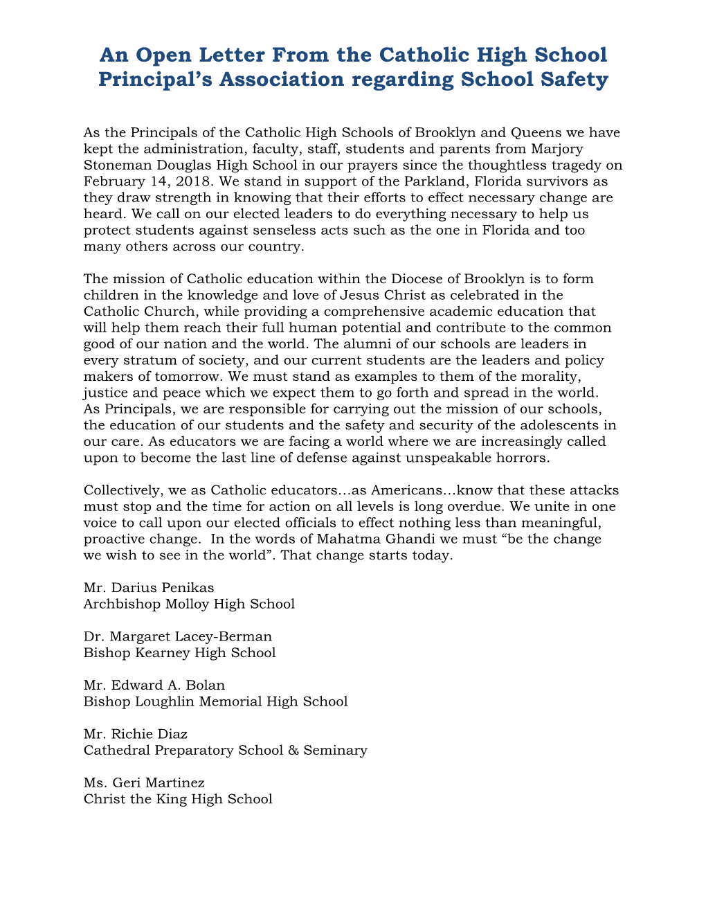 An Open Letter from the Catholic High School Principal's Association