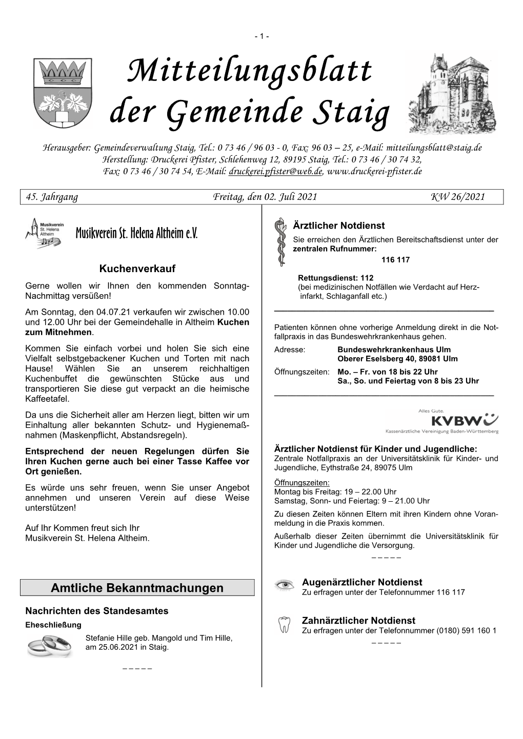 Mitteilungsblatt Der Gemeinde Staig