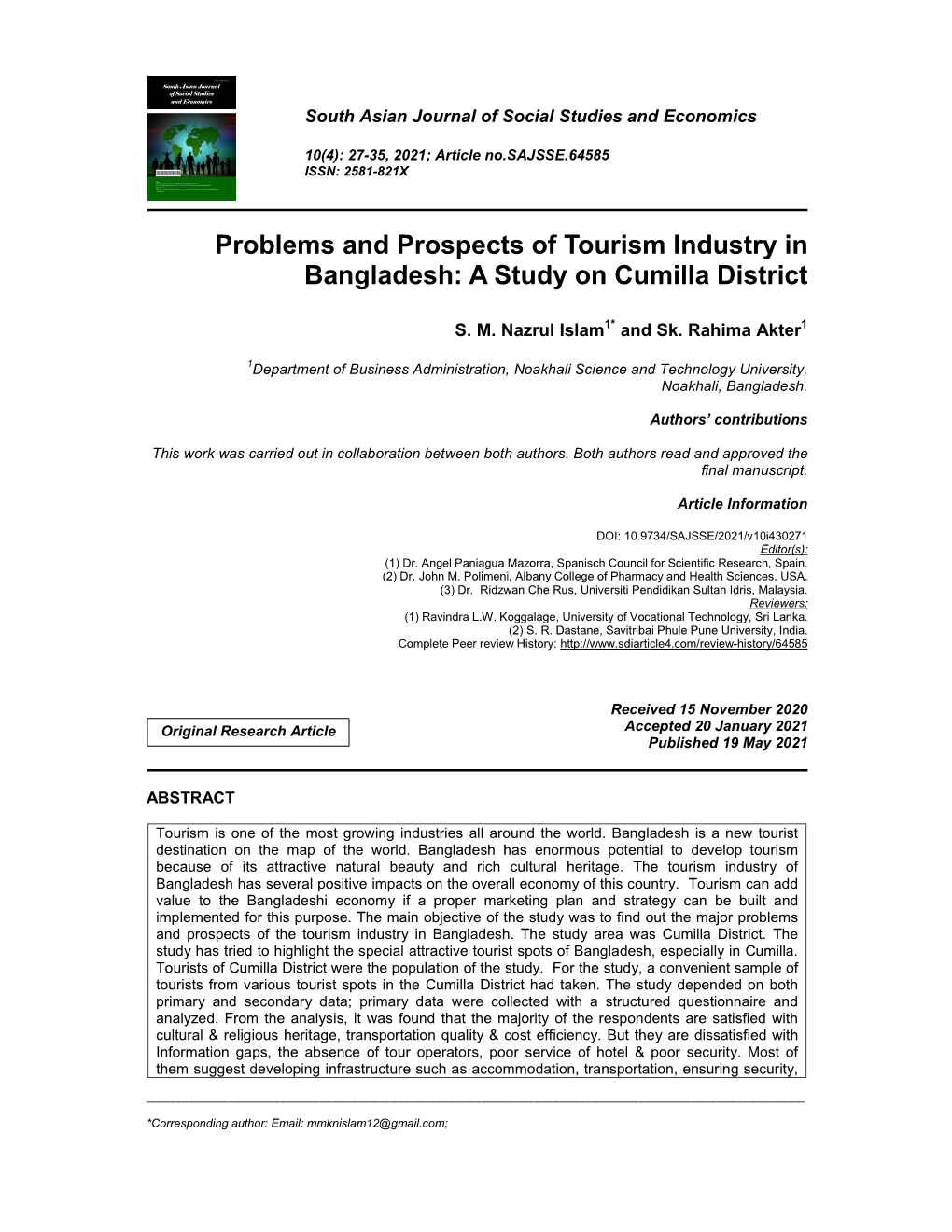 Problems and Prospects of Tourism Industry in Bangladesh: a Study on Cumilla District