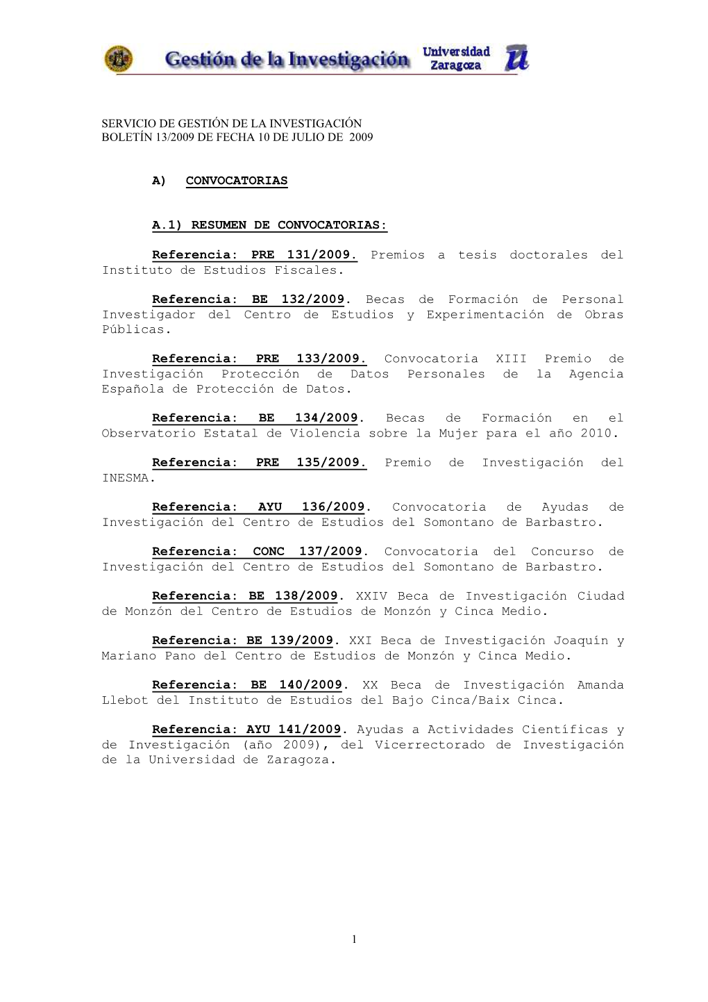 Boletín 13/2009 De Fecha 10 De Julio De 2009