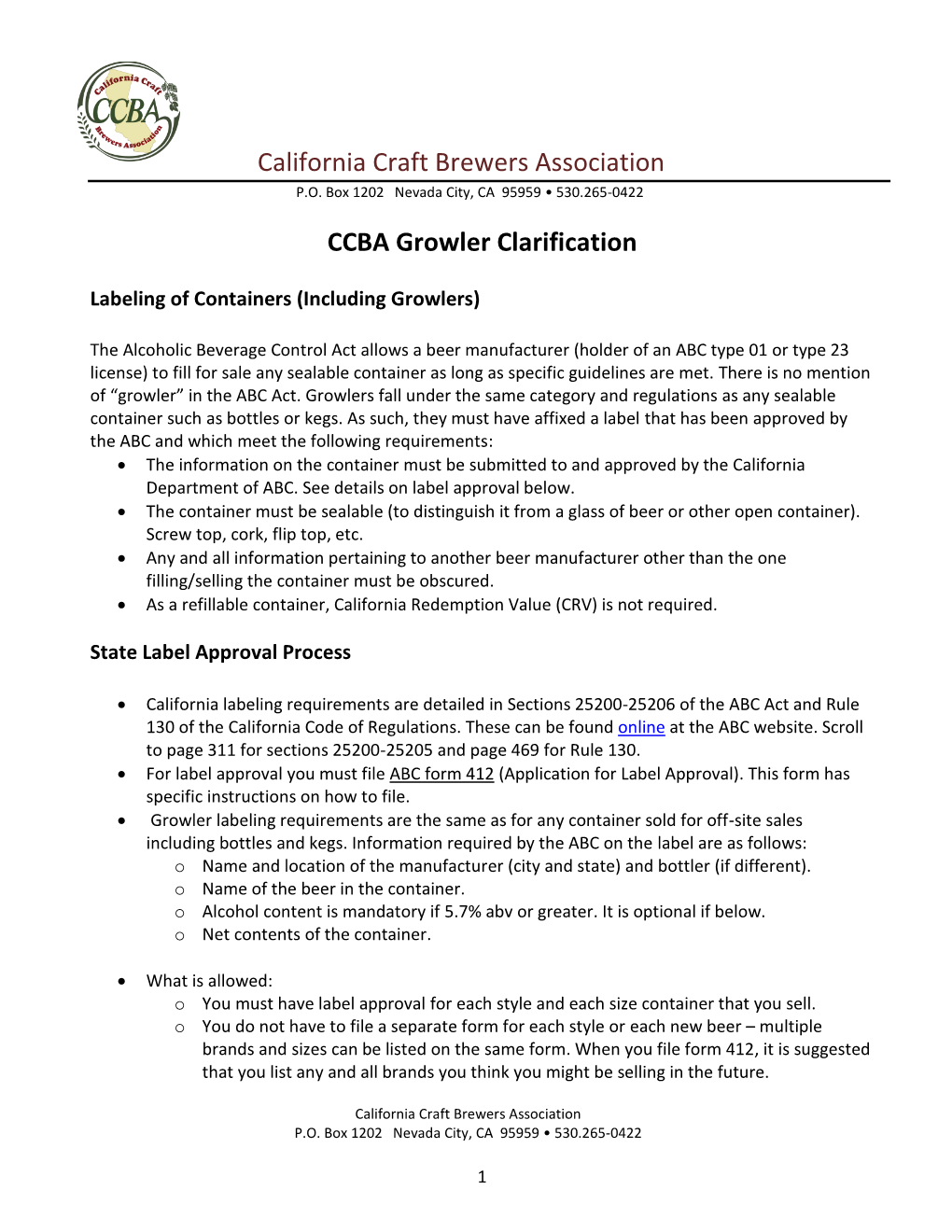 California Craft Brewers Association CCBA Growler Clarification