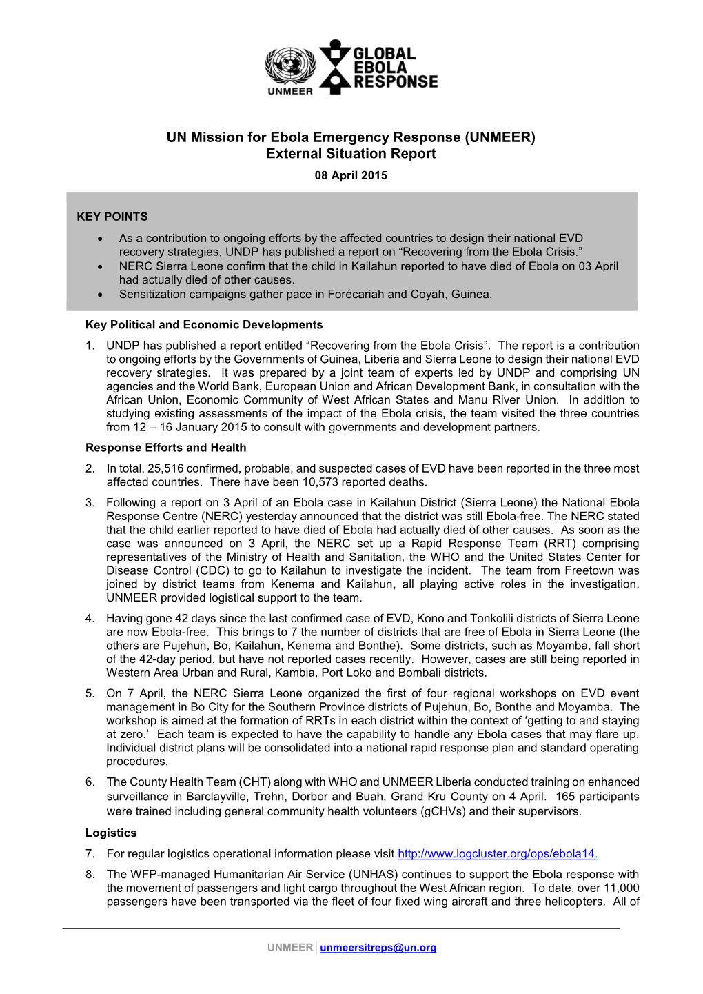 UN Mission for Ebola Emergency Response (UNMEER) External Situation Report 08 April 2015