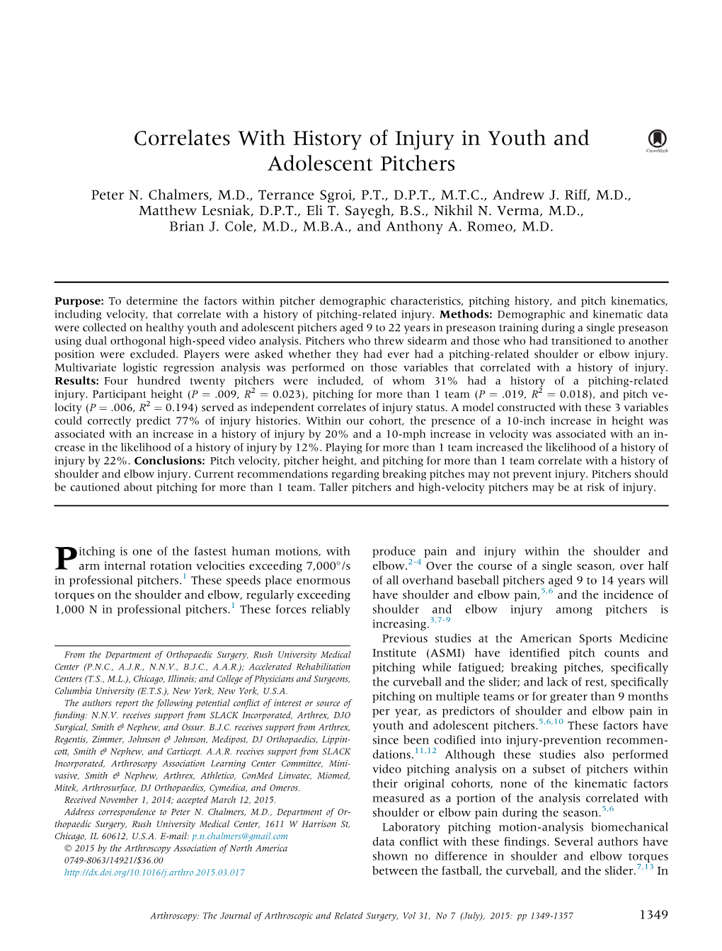 Correlates with History of Injury in Youth and Adolescent Pitchers Peter N