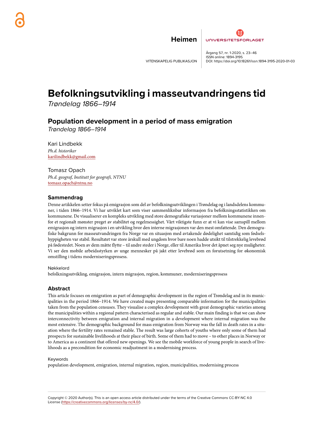 Befolkningsutvikling I Masseutvandringens Tid Trøndelag 1866–1914