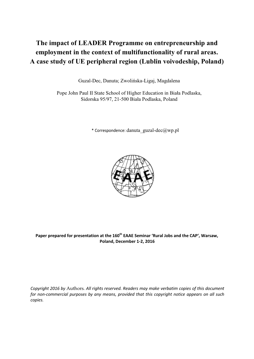 The Impact of LEADER Programme on Entrepreneurship and Employment in the Context of Multifunctionality of Rural Areas