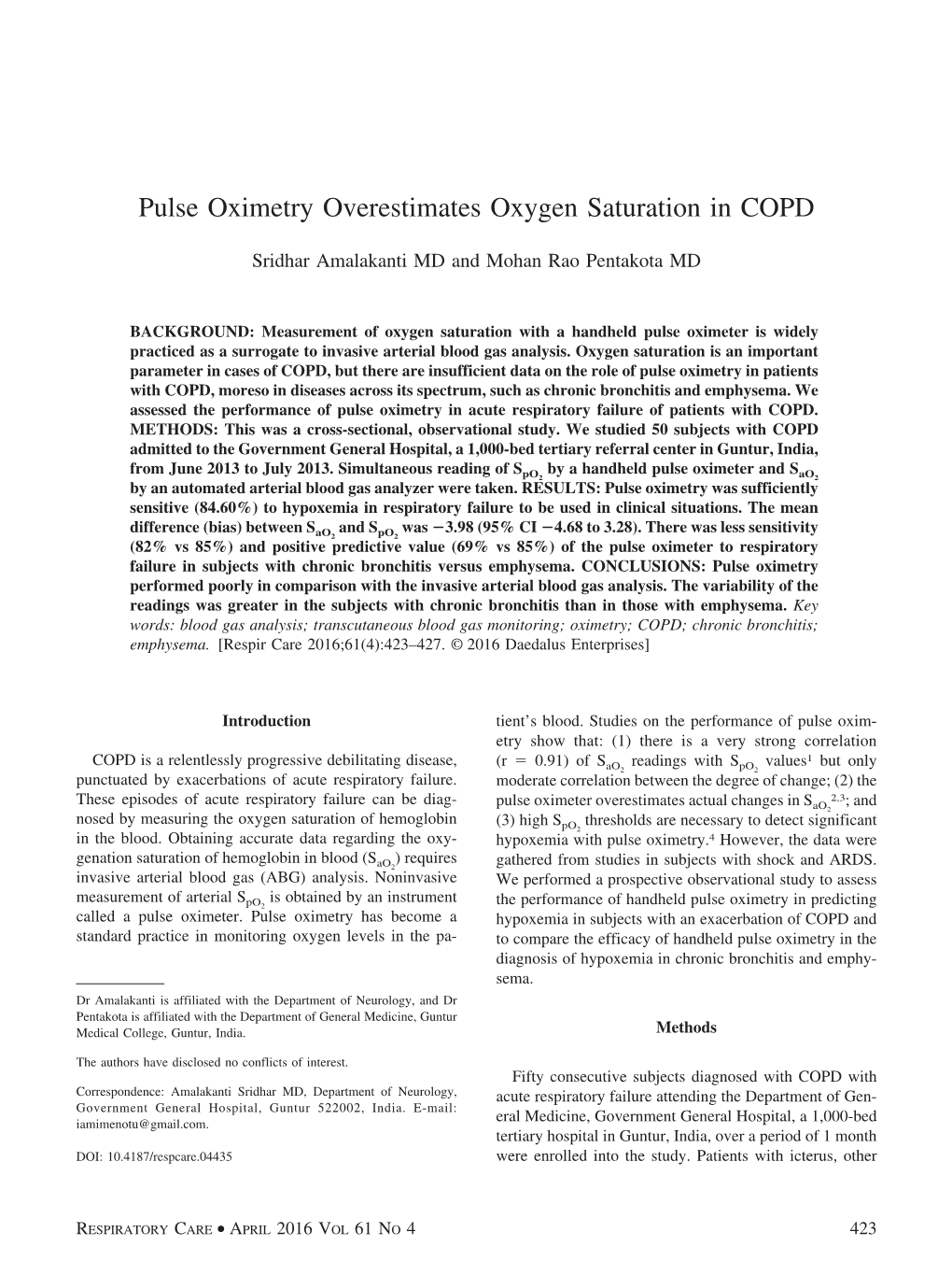 Pulse Oximetry Overestimates Oxygen Saturation in COPD