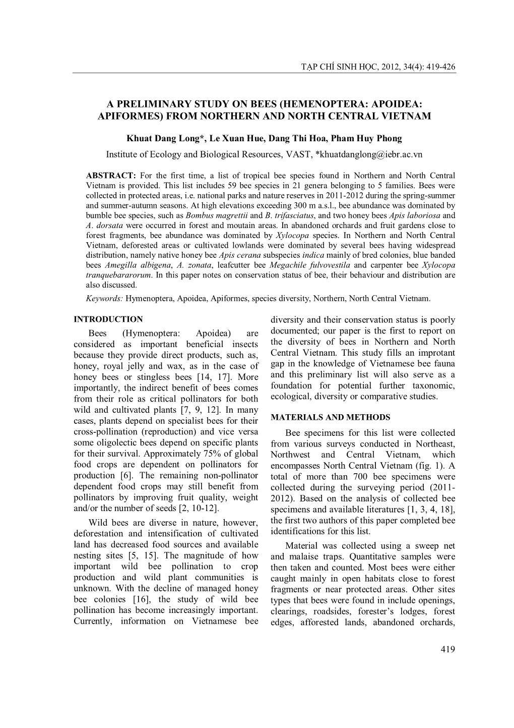 A Preliminary Study on Bees (Hemenoptera: Apoidea: Apiformes) from Northern and North Central Vietnam