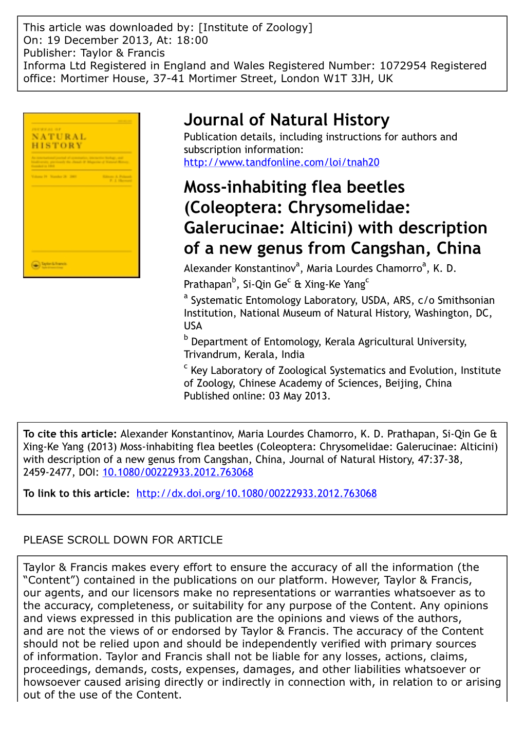 Moss-Inhabiting Flea Beetles (Coleoptera: Chrysomelidae: Galerucinae: Alticini) with Description of a New Genus from Cangshan, C