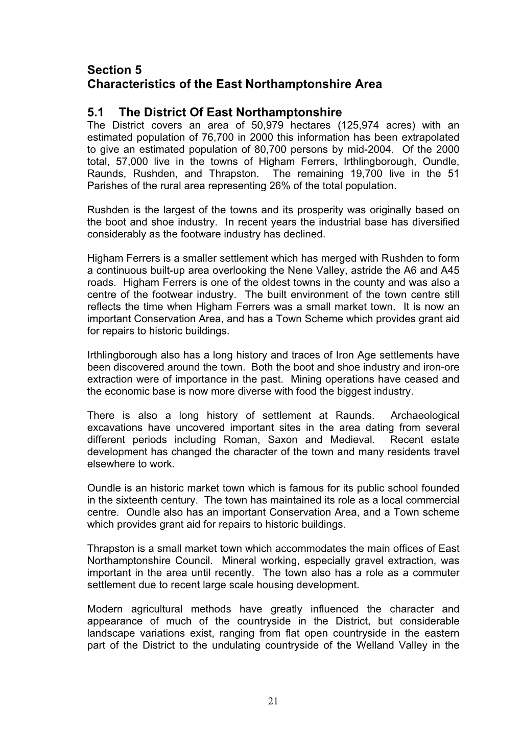 Section 5 Characteristics of the East Northamptonshire Area 5.1 the District of East Northamptonshire