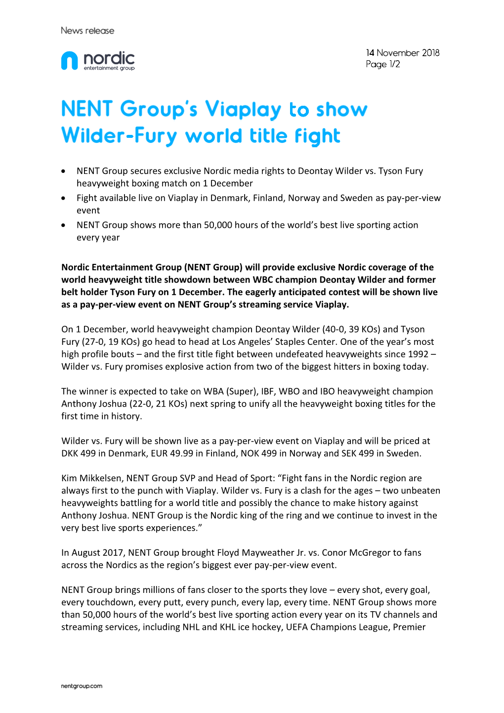 NENT Group Secures Exclusive Nordic Media Rights to Deontay Wilder Vs