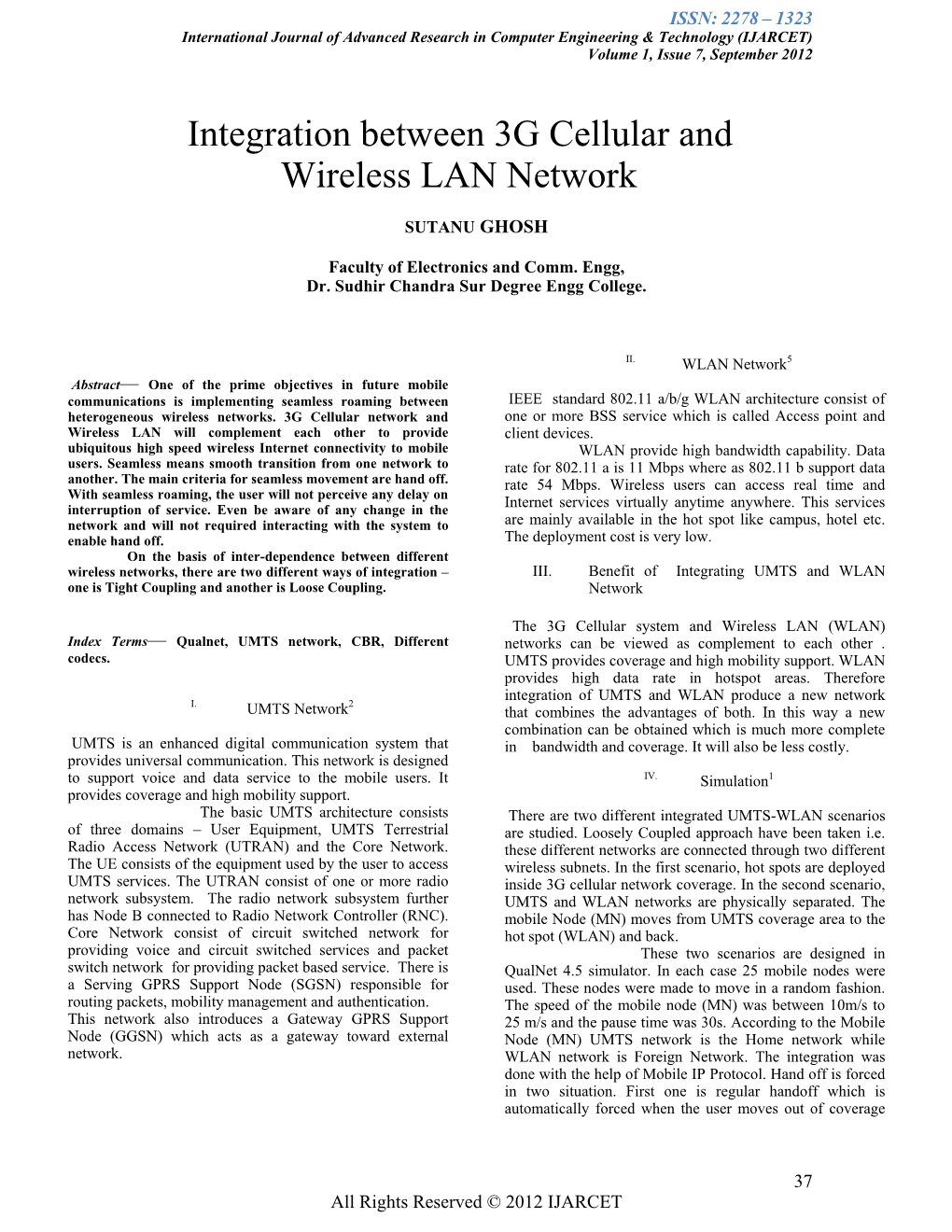 Integration Between 3G Cellular and Wireless LAN Network