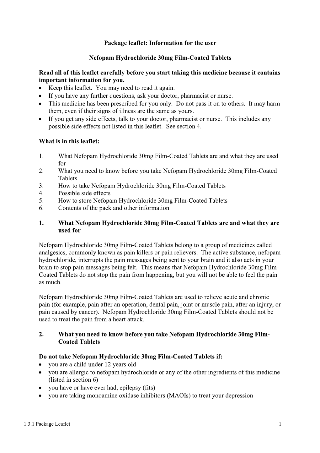 Information for the User Nefopam Hydrochloride 30Mg Film-Coated