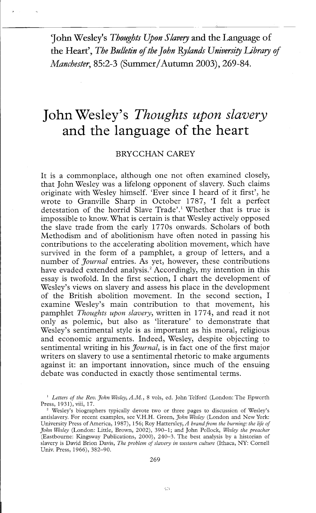 John Wesley's Thoughts Upon Slavery