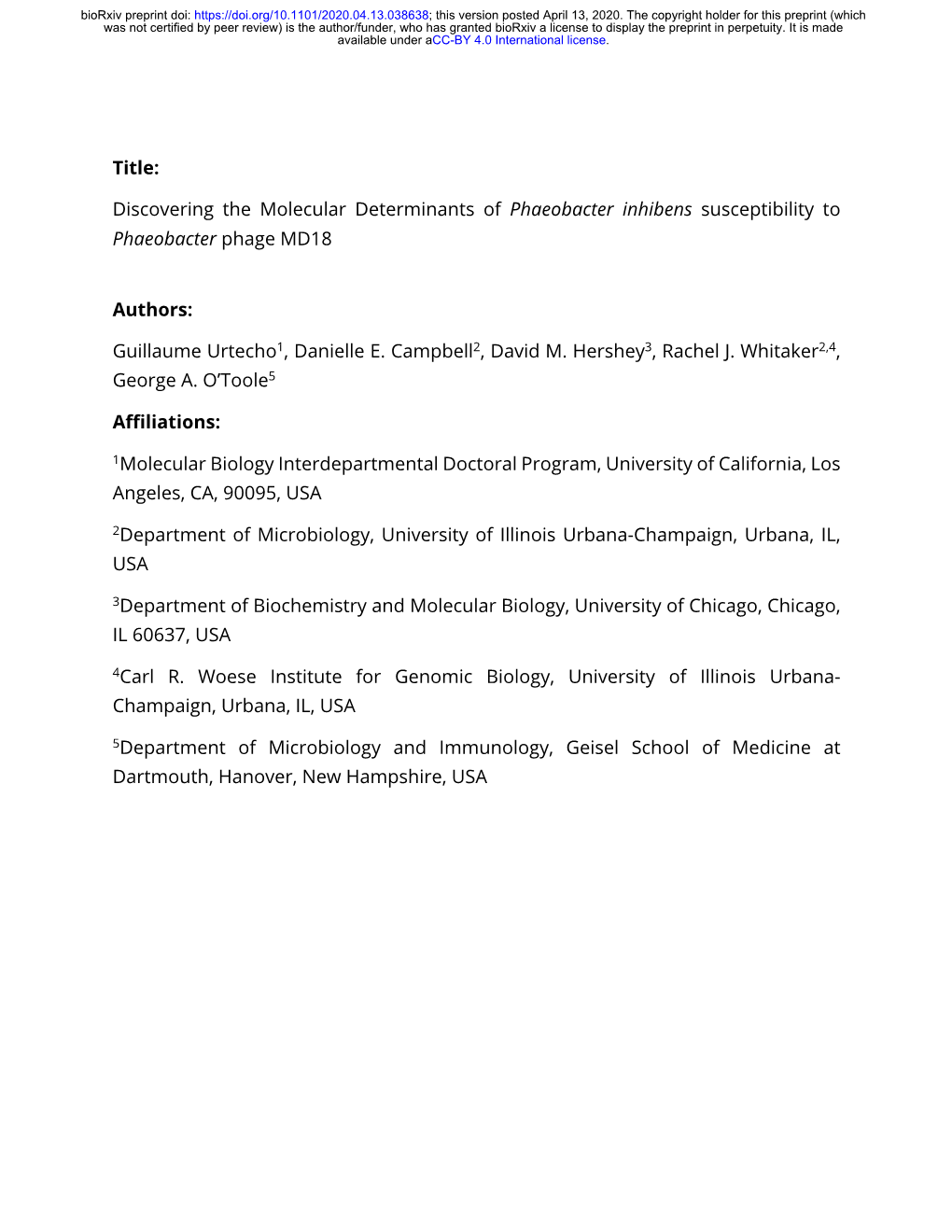 Discovering the Molecular Determinants of Phaeobacter Inhibens Susceptibility to Phaeobacter Phage MD18