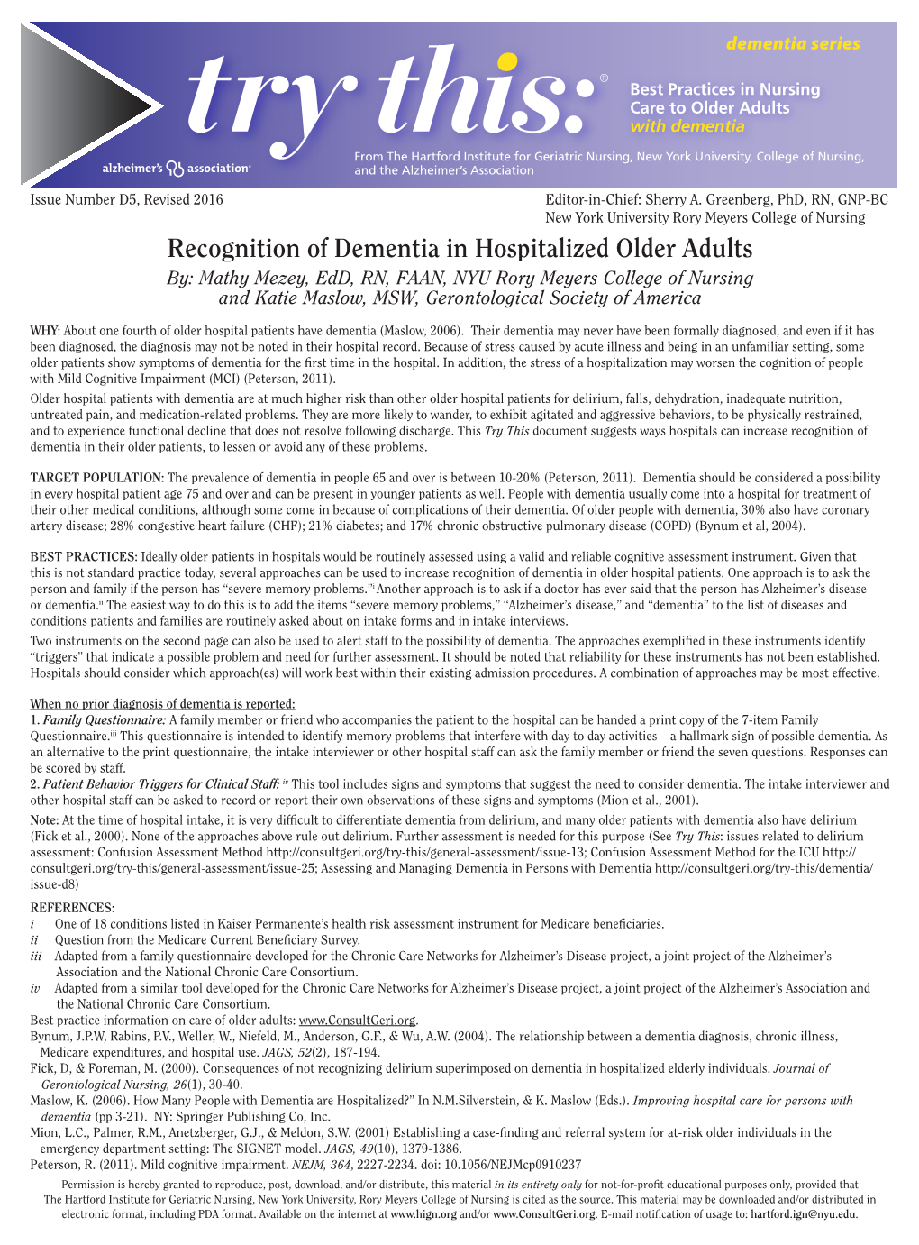 Recognition of Dementia in Hospitalized Older Adults