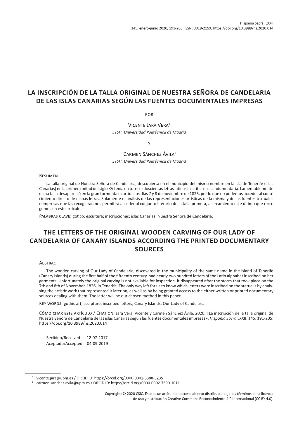 La Inscripción De La Talla Original De Nuestra Señora De Candelaria De Las Islas Canarias Según Las Fuentes Documentales Impresas