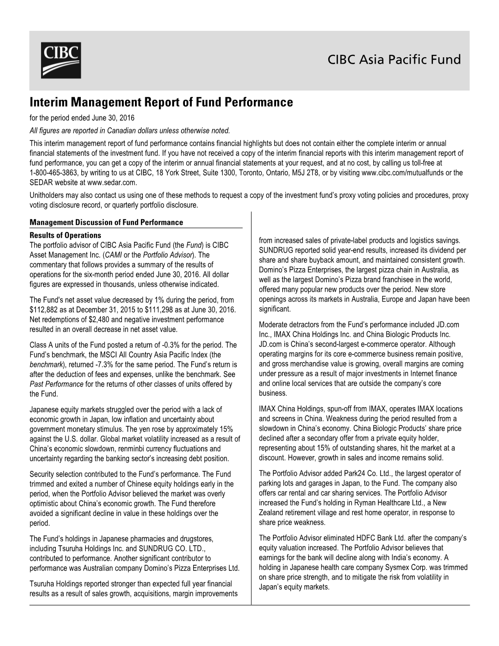 CIBC Asia Pacific Fund Interim Management Report of Fund