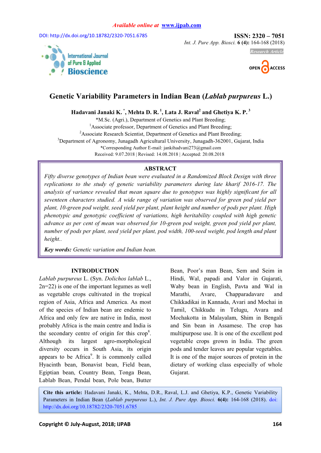 Genetic Variability Parameters in Indian Bean (Lablab Purpureus L.)