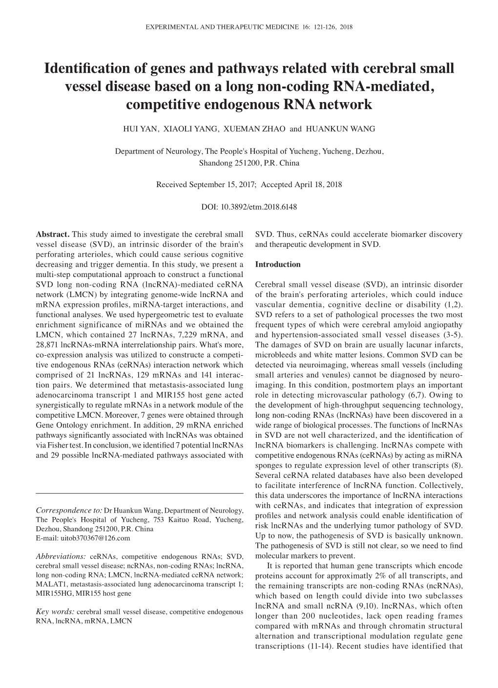 Identification of Genes and Pathways Related with Cerebral Small Vessel Disease Based on a Long Non-Coding RNA-Mediated, Competitive Endogenous RNA Network