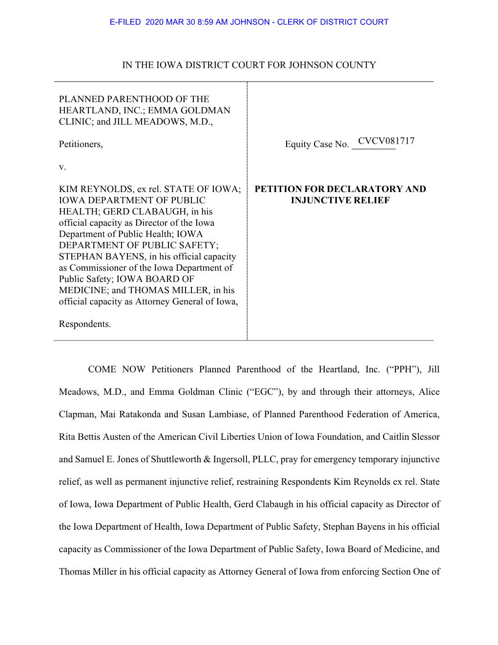IN the IOWA DISTRICT COURT for JOHNSON COUNTY PLANNED PARENTHOOD of the HEARTLAND, INC.; EMMA GOLDMAN CLINIC; and JILL MEADOWS