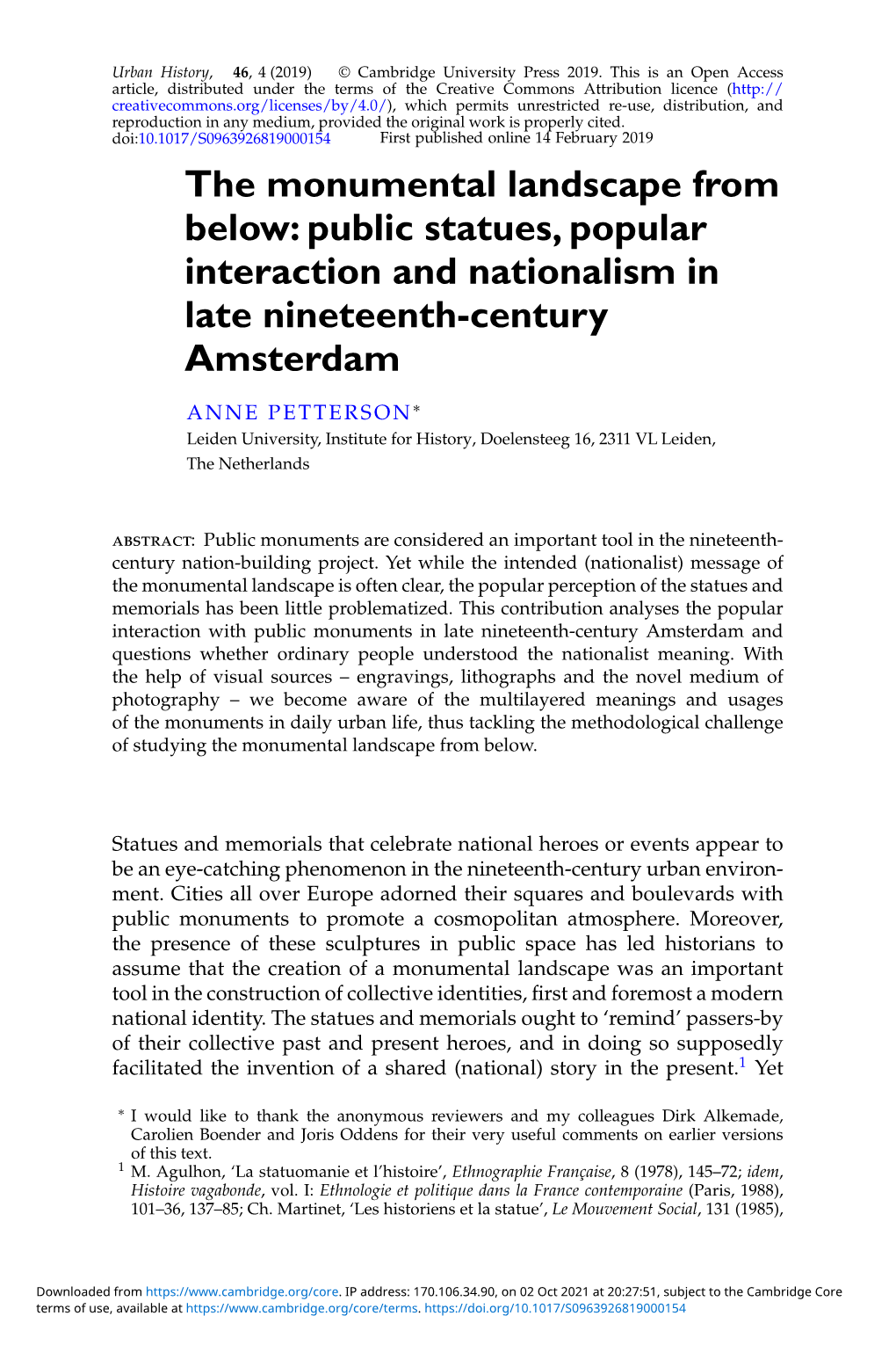 The Monumental Landscape from Below: Public Statues, Popular Interaction and Nationalism in Late Nineteenth-Century Amsterdam
