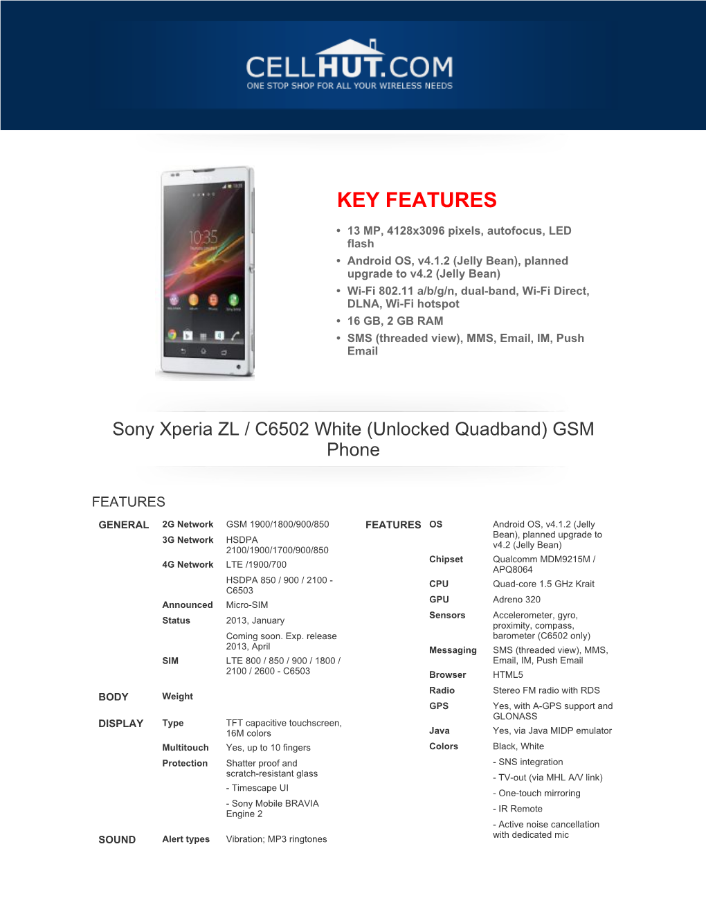 Sony Xperia ZL / C6502 White (Unlocked Quadband) GSM Phone