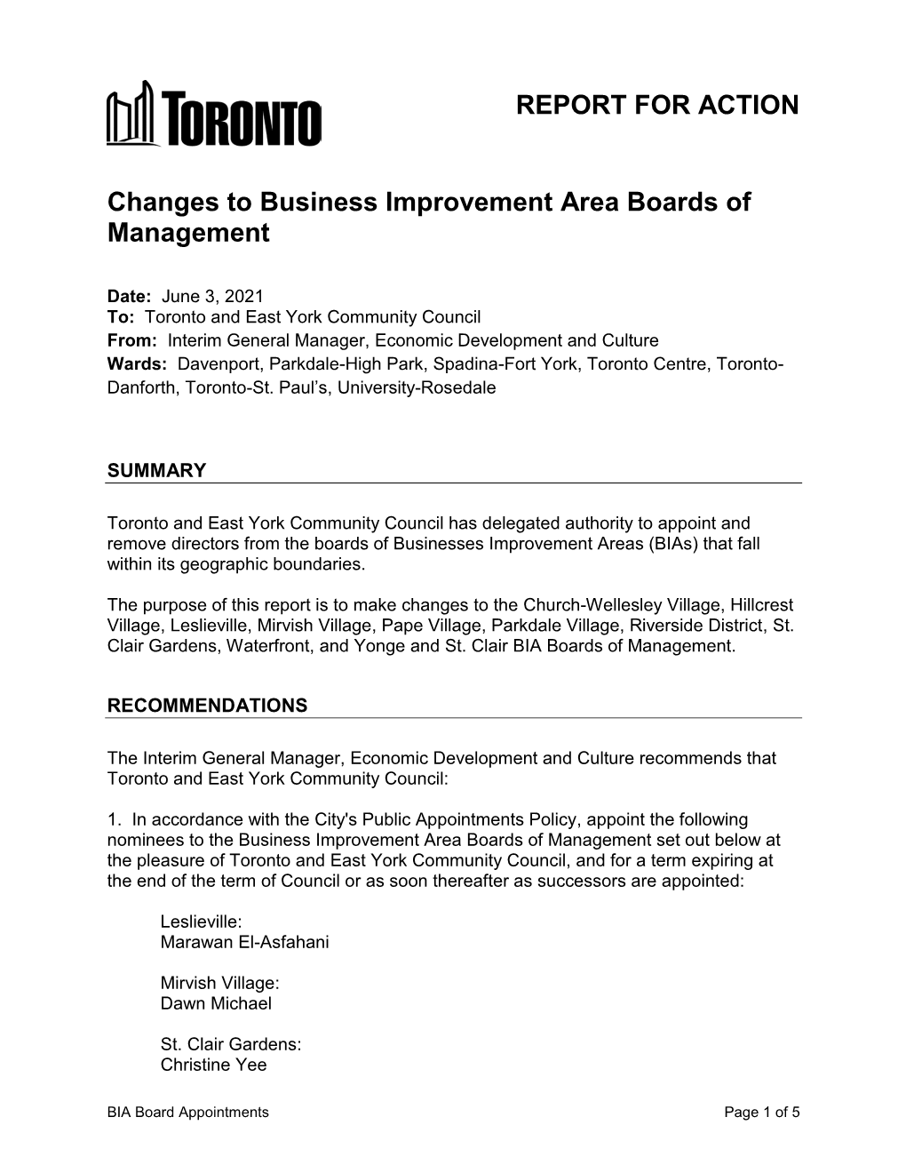 Changes to Business Improvement Area Boards of Management