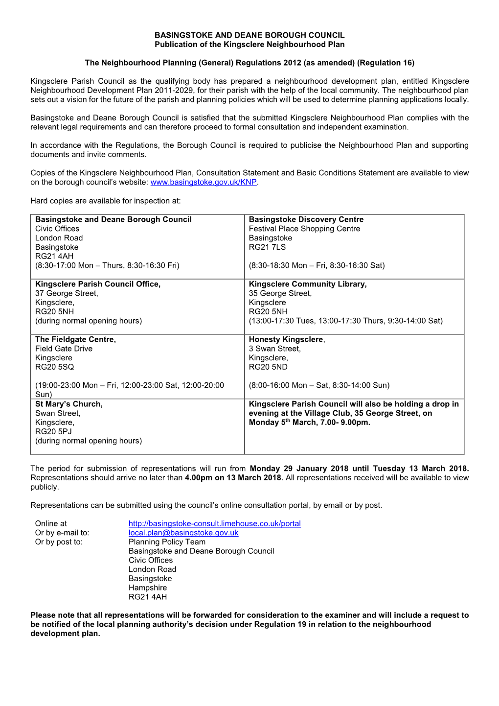 BASINGSTOKE and DEANE BOROUGH COUNCIL Publication of the Kingsclere Neighbourhood Plan