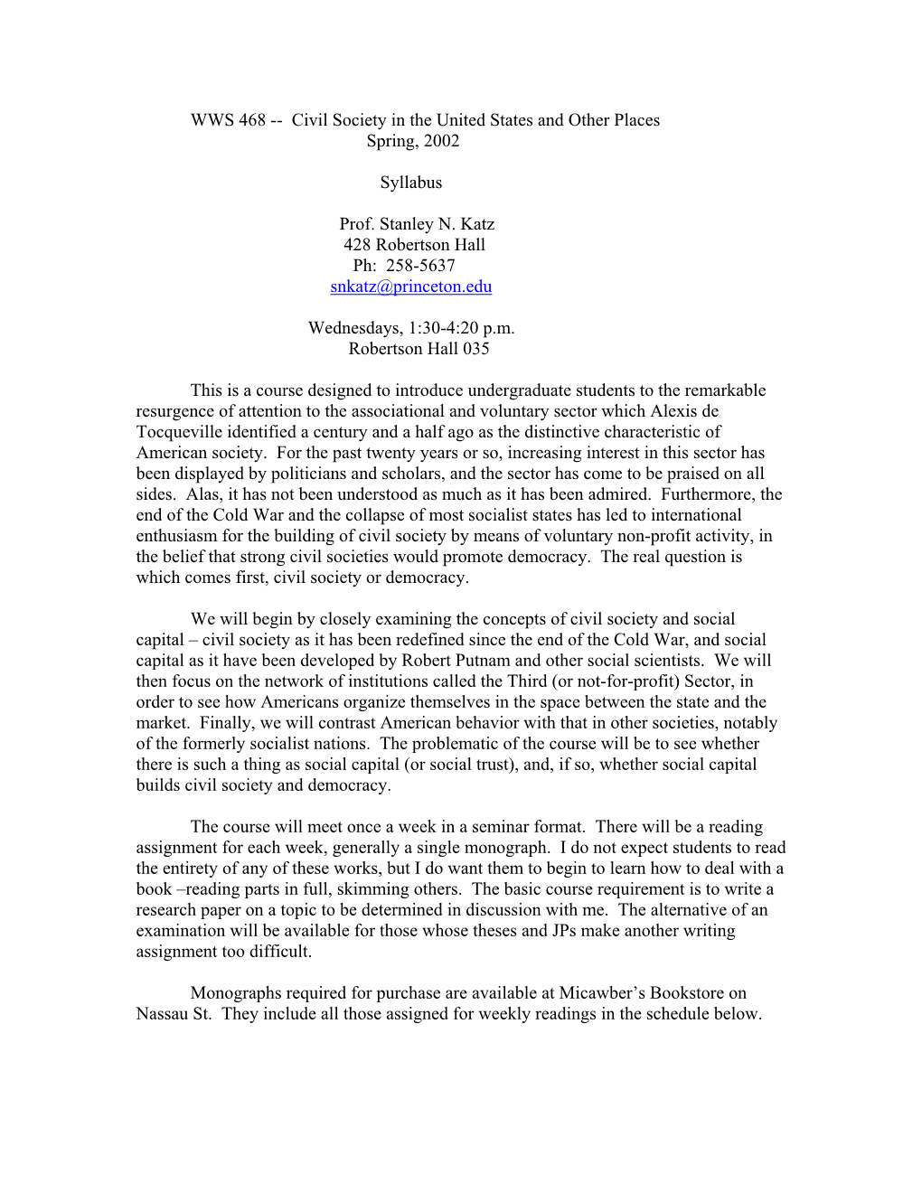 WWS 468 -- Civil Society in the United States and Other Places Spring, 2002