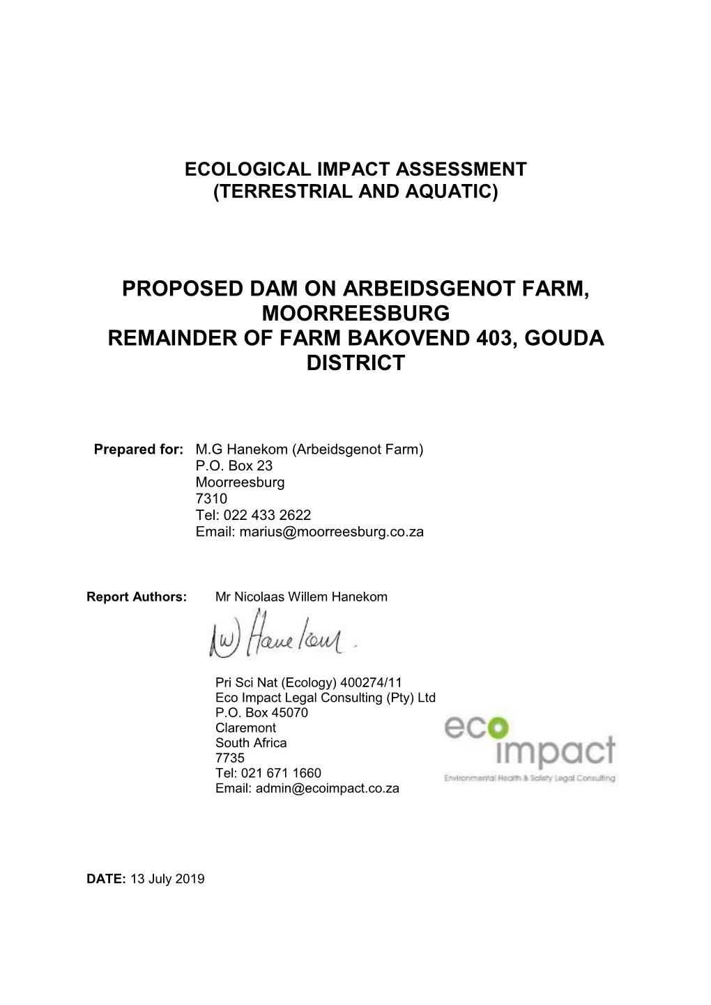 Arbeidsgenot Dam Ecological Assessment