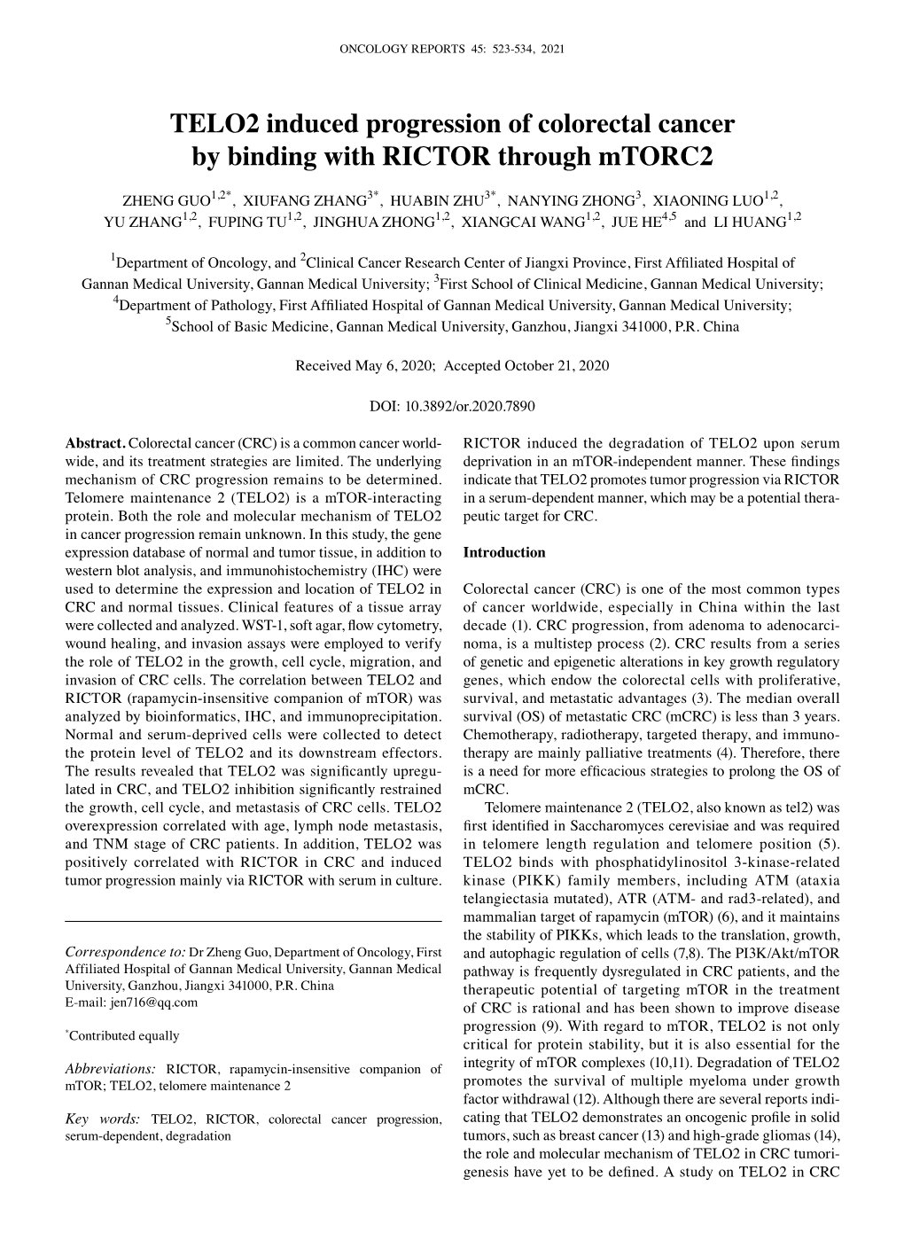 TELO2 Induced Progression of Colorectal Cancer by Binding with RICTOR Through Mtorc2