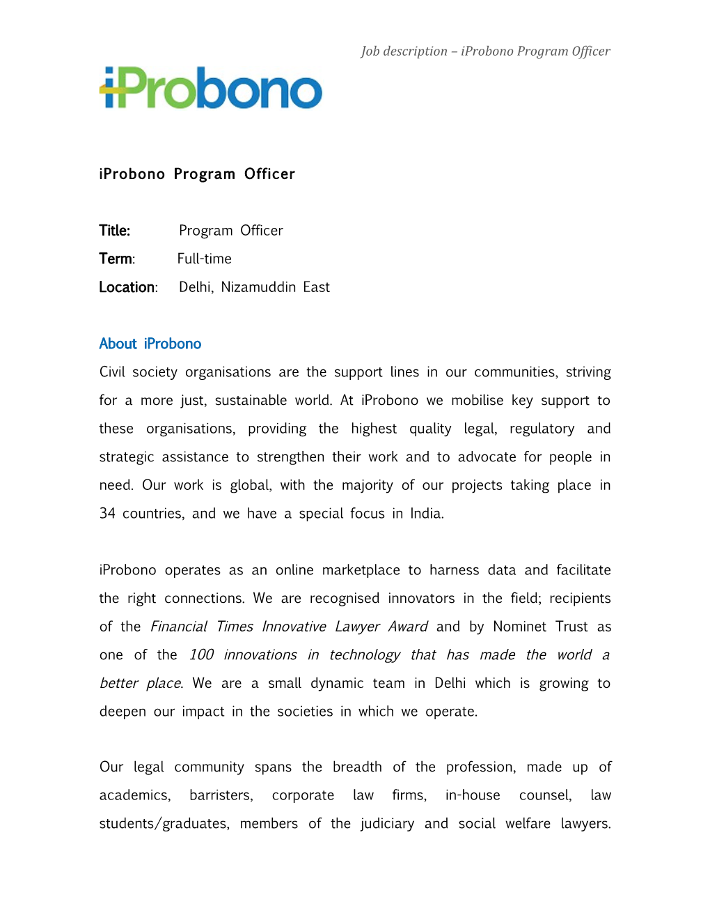 Job Description Iprobono Program Officer