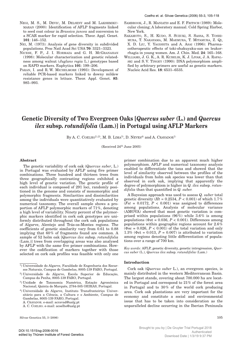 Genetic Diversity of Two Evergreen Oaks [Quercus Suber (L.) and Quercus Ilex Subsp. Rotundifolia (Lam.)] in Portugal Using AFLP Markers