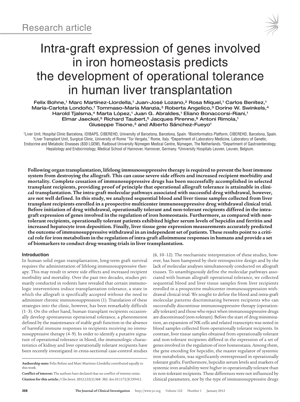 Intra-Graft Expression of Genes Involved in Iron Homeostasis