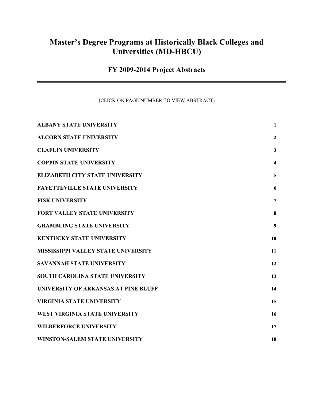 FY 2009 Project Abstracts for the Historically Black Colleges and Universities Master's