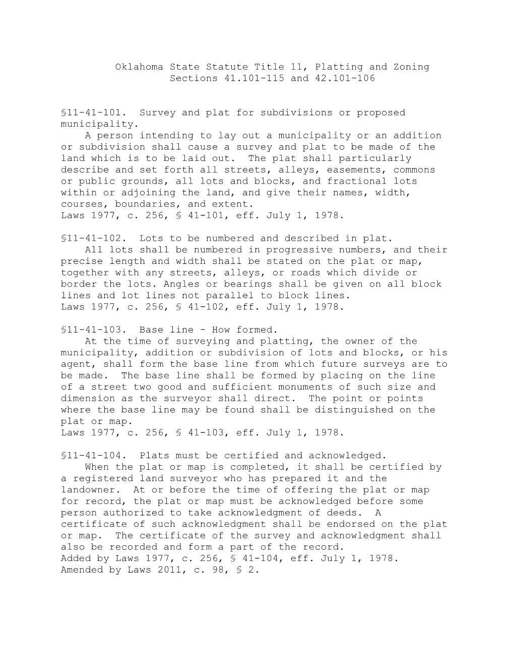 Oklahoma State Statute Title 11, Platting and Zoning Sections 41.101-115 and 42.101-106