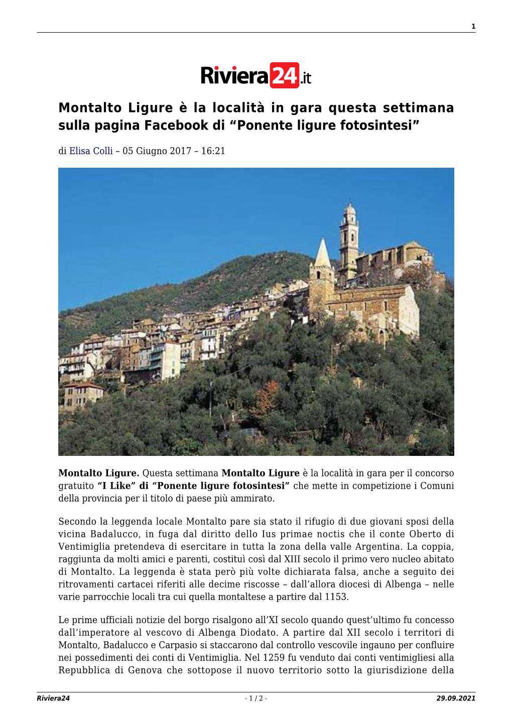 Montalto Ligure È La Località in Gara Questa Settimana Sulla Pagina Facebook Di “Ponente Ligure Fotosintesi”