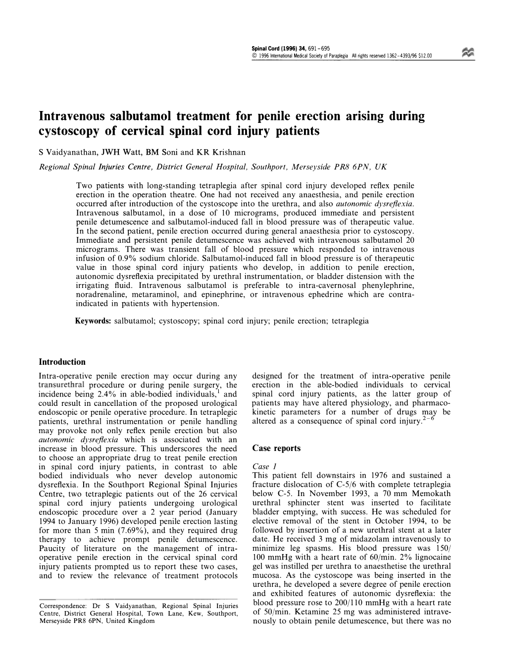 Intravenous Salbutamol Treatment for Penile Erection Arising During Cystoscopy of Cervical Spinal Cord Injury Patients