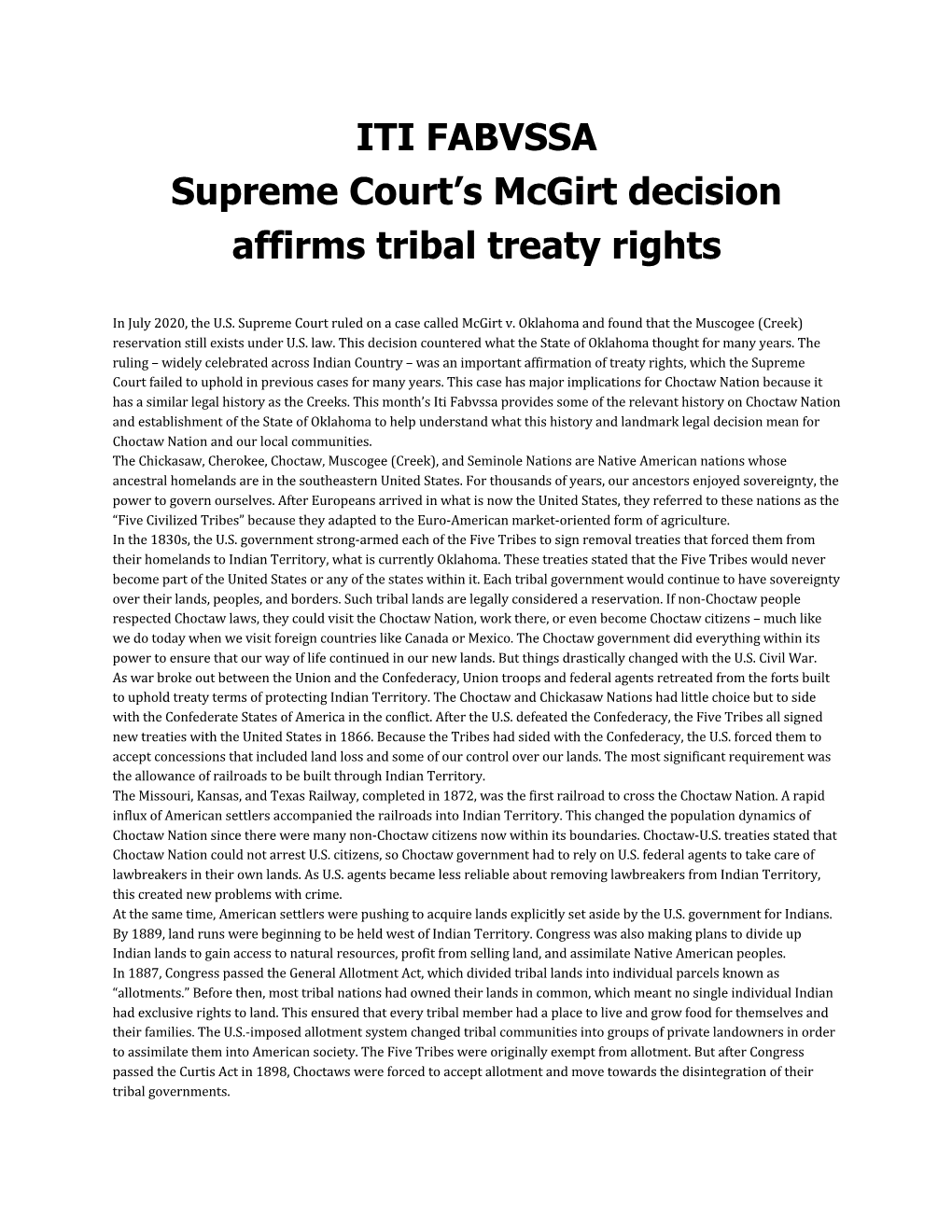 ITI FABVSSA Supreme Court's Mcgirt Decision Affirms Tribal Treaty Rights