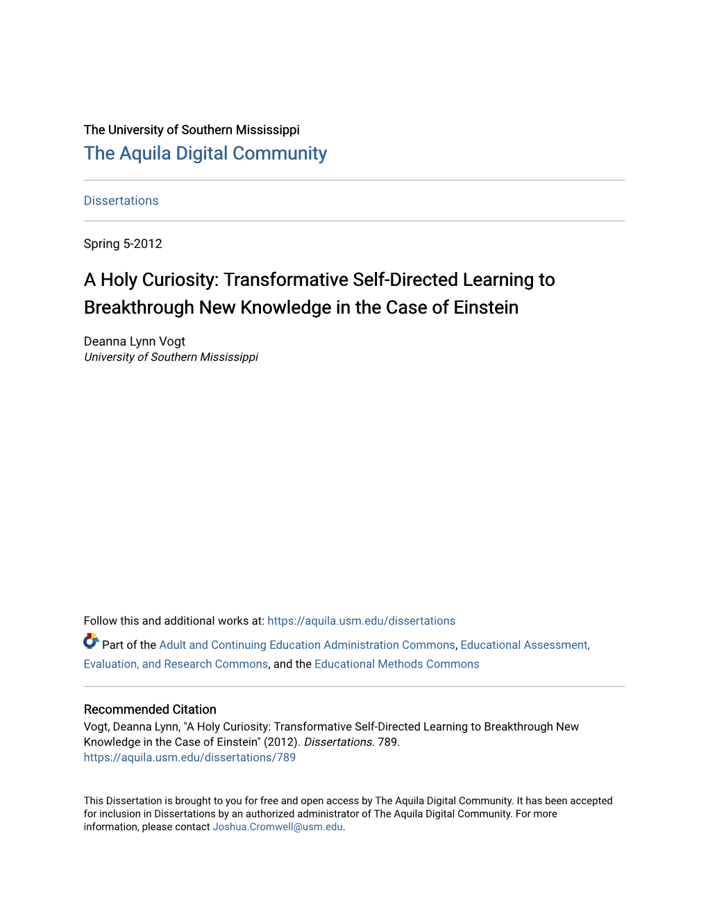 A Holy Curiosity: Transformative Self-Directed Learning to Breakthrough New Knowledge in the Case of Einstein