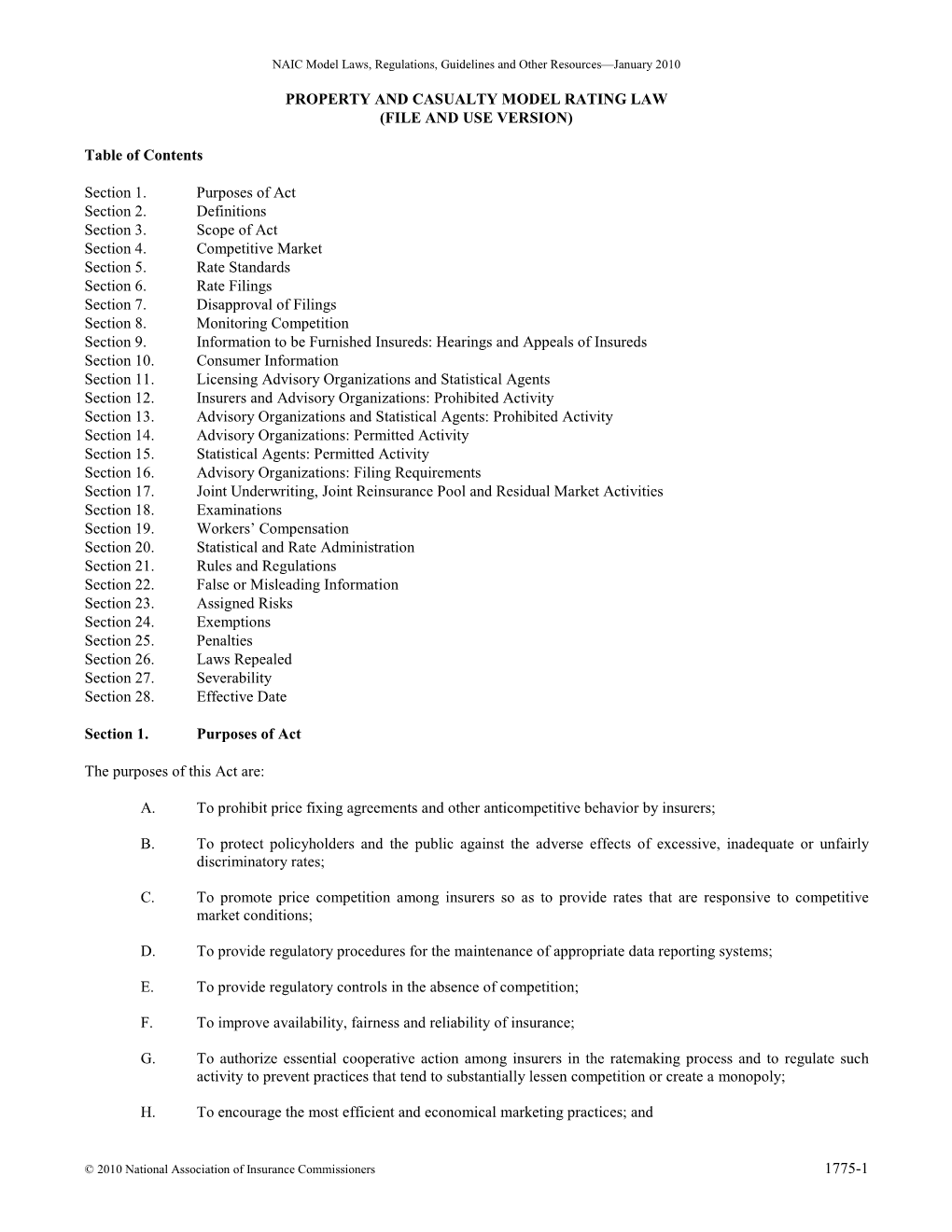 1775-1 Property and Casualty Model Rating Law (File and Use Version)