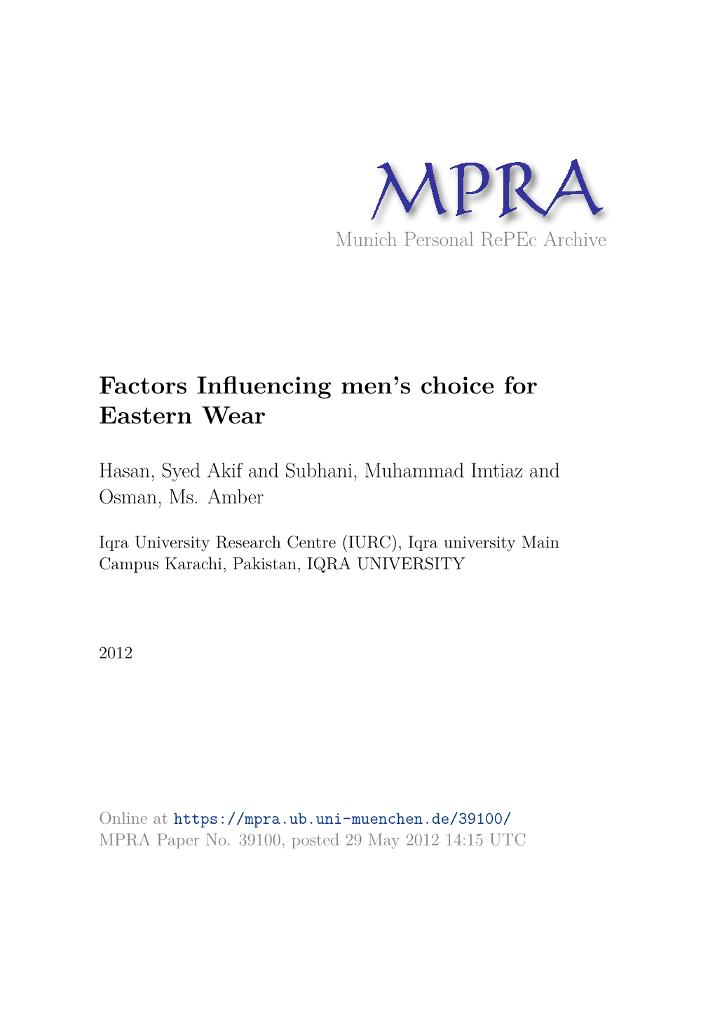 Factors Influencing Men's Choice for Eastern Wear