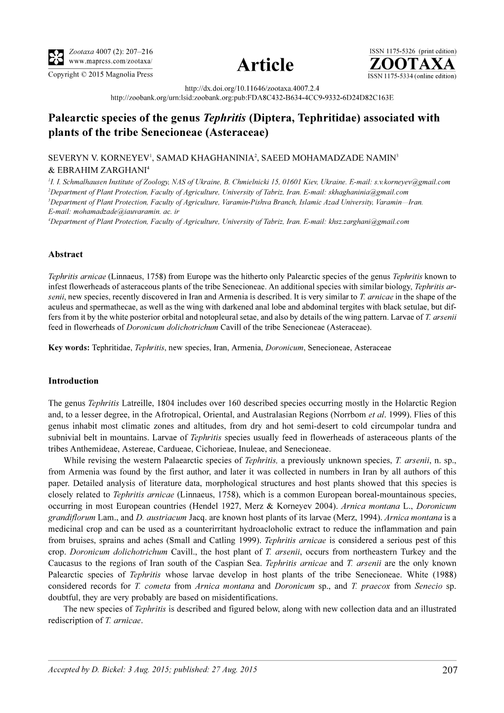 Palearctic Species of the Genus Tephritis (Diptera, Tephritidae) Associated with Plants of the Tribe Senecioneae (Asteraceae)