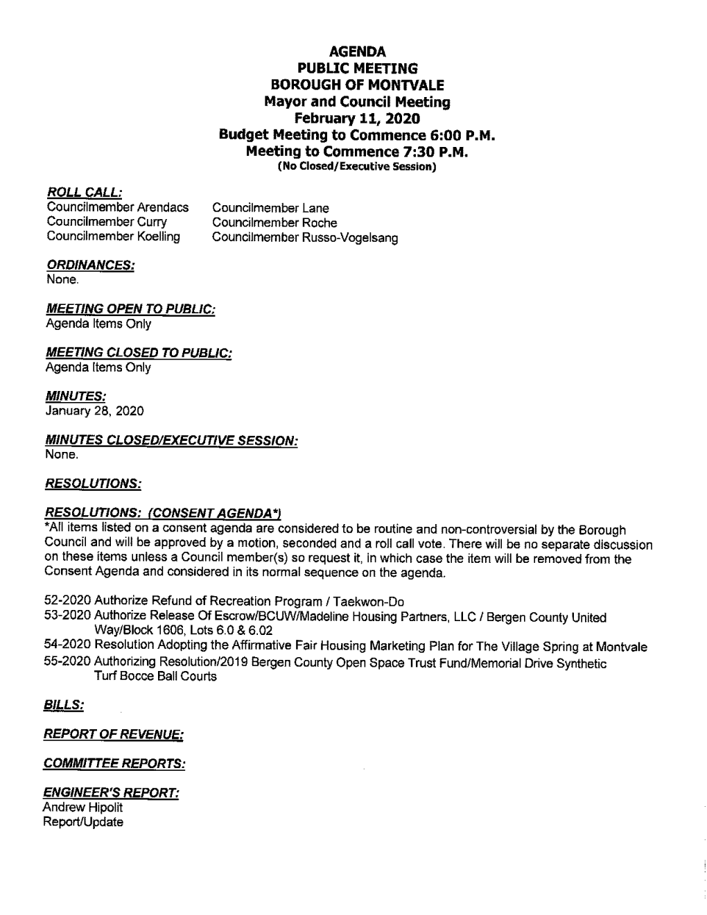 Agenda Public Meeting Borough of Montvale